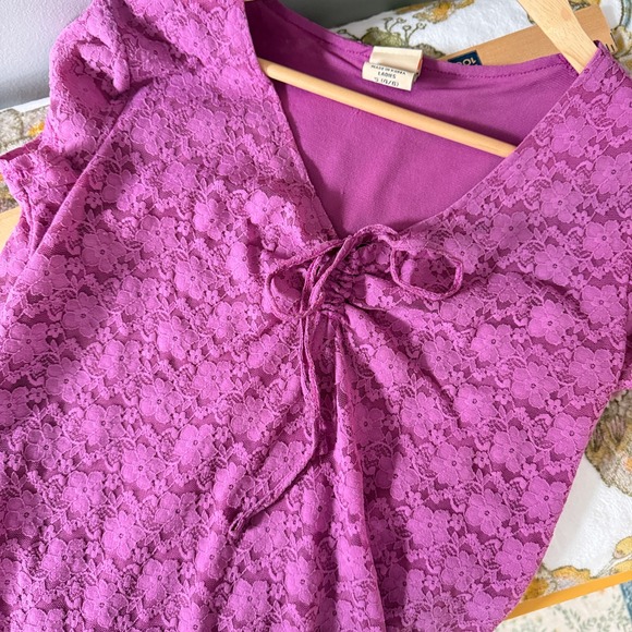 Faded Glory Top Babydoll Coquette Y2K Fuschia Floral Lace Short Sleeve Women's S - Picture 5 of 8